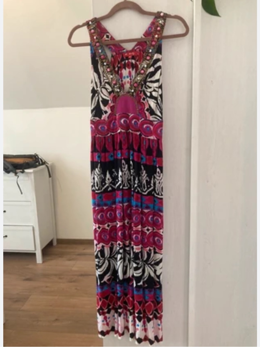 Vintage Beaded V-Neck Pink & Black Printed Maxi Dress
